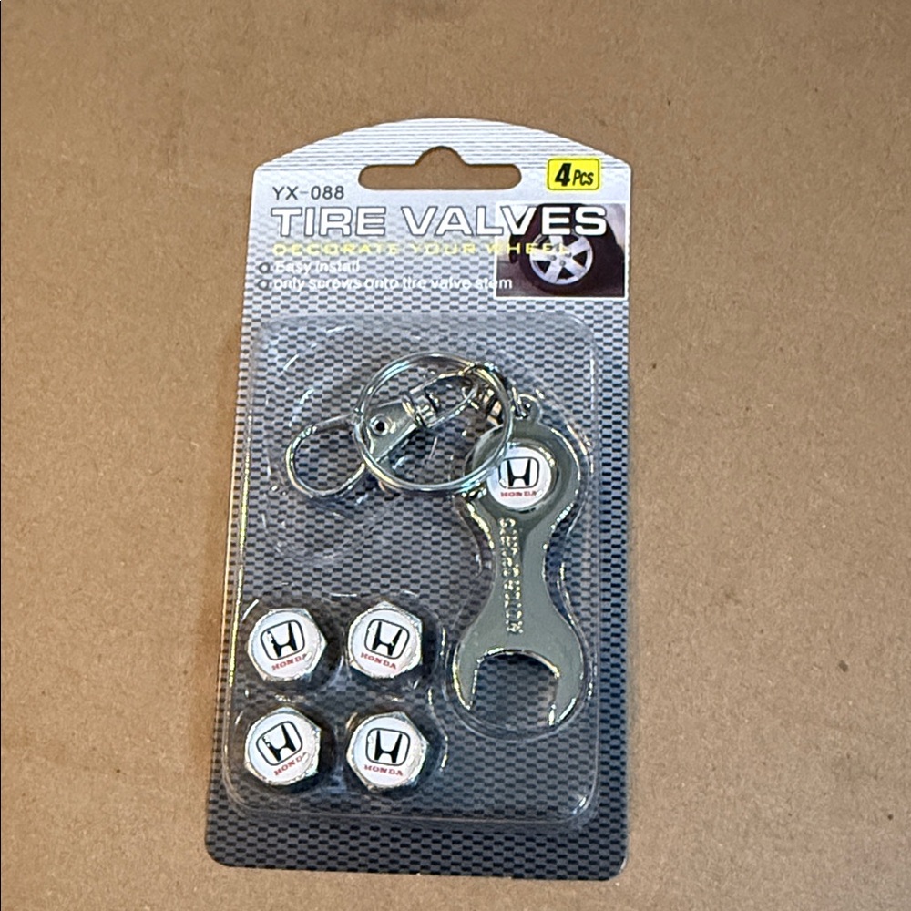 Honda Silver Tire Valve Caps with Keychain Wrench